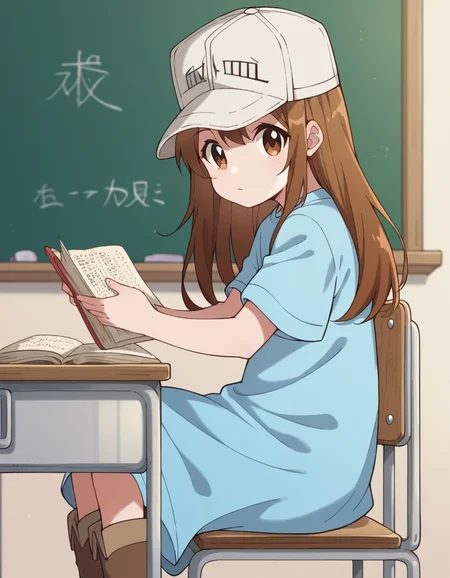 score_9, score_8_up, score_7_up, source_anime, <lora:platelet-s1-ponyxl-lora-nochekaiser:1>, platelet, long hair, brown hair, brown eyes,, shirt, hat, short sleeves, boots, white headwear, blue shirt, flat cap,, classroom, chalkboard, day time, studying, sitting, chair, desk,, , looking at viewer, arm bent at elbow, solo,, cowboy shot, dutch angle