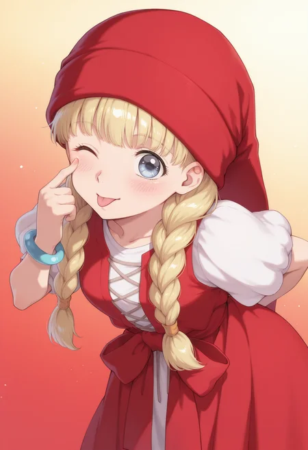 anime screencap, anime coloring,  <lora:DX888Veronica:1> veronica, blue eyes, child,  blonde hair, long hair, twin braids, hair over shoulder BREAK red headwear, red dress, puffy sleeves, waist bow, bracelet, BREAK  red  background,  rainbow background,, BREAK  1girl, ;p, akanbe, arms behind back,  blush, breasts, cowboy shot,  (eyelid pull:1.3), looking at viewer,  one eye closed, solo, tongue out,  from above, dutch angle, leaning forward,