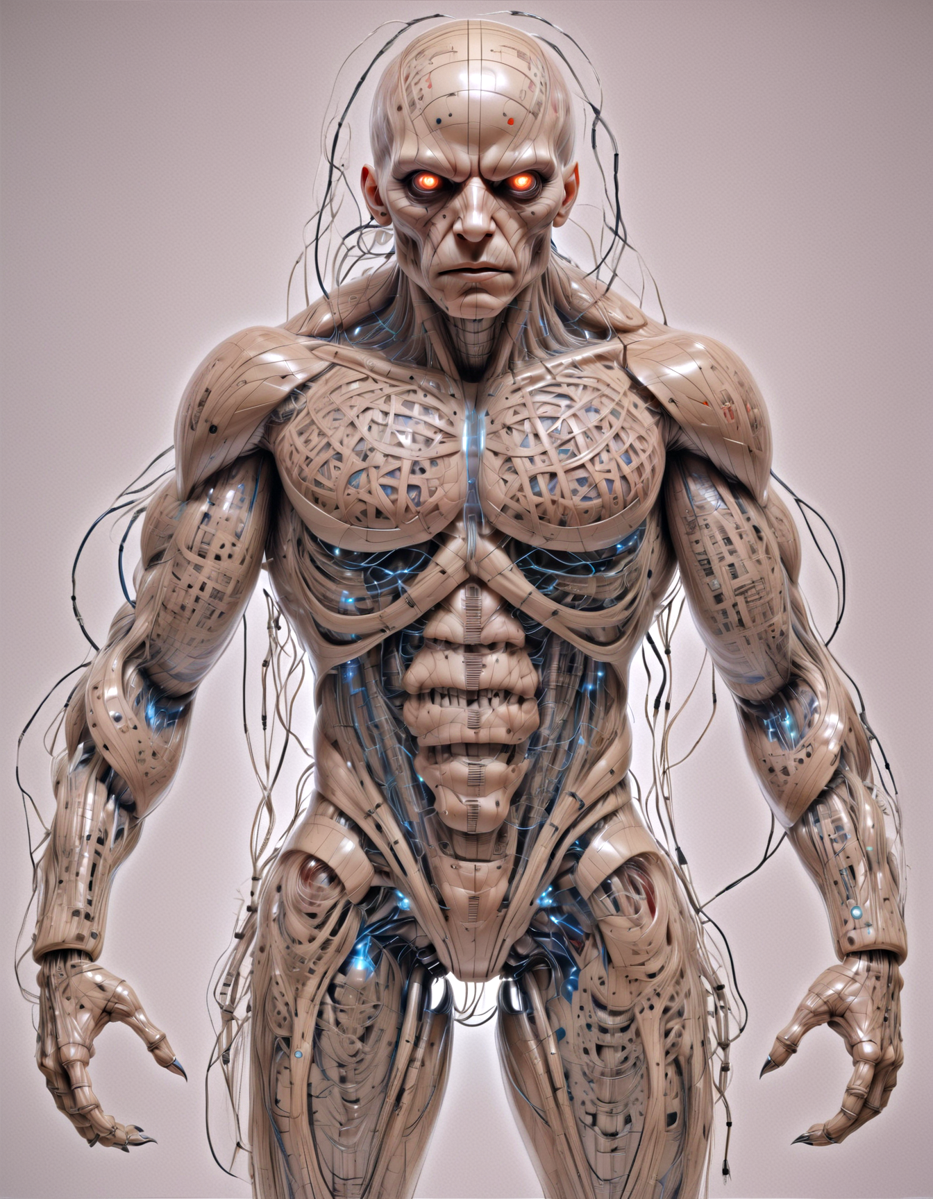 full body, horror creature as (c1bo:1.1),geometric patterns,anatomical,cable electric wires,microchip, muscular,detailed eyes, highly intricate, hyperrealistic,