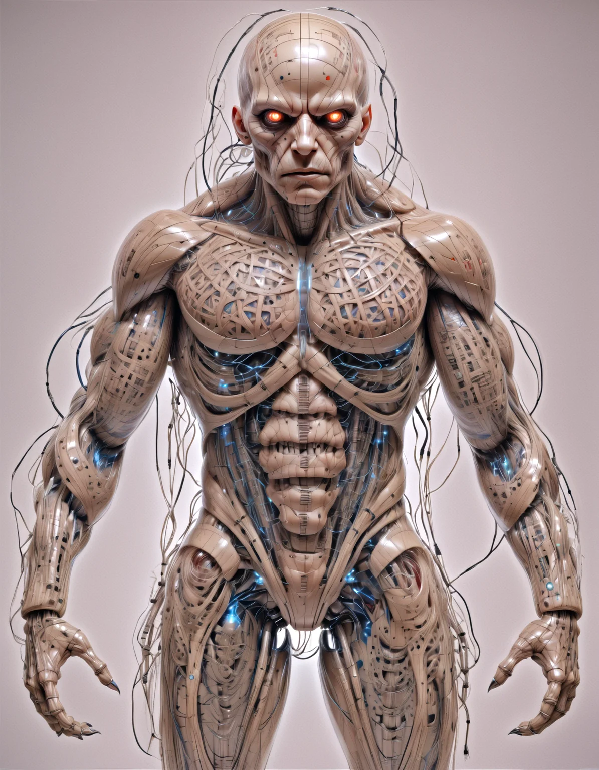 full body, horror creature as (c1bo:1.1),geometric patterns,anatomical,cable electric wires,microchip, muscular,detailed eyes, highly intricate, hyperrealistic,