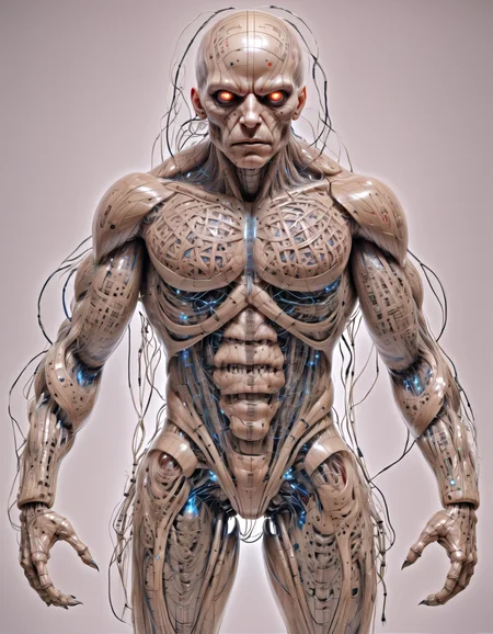 full body, horror creature as (c1bo:1.1),geometric patterns,anatomical,cable electric wires,microchip, muscular,detailed eyes, highly intricate, hyperrealistic,
