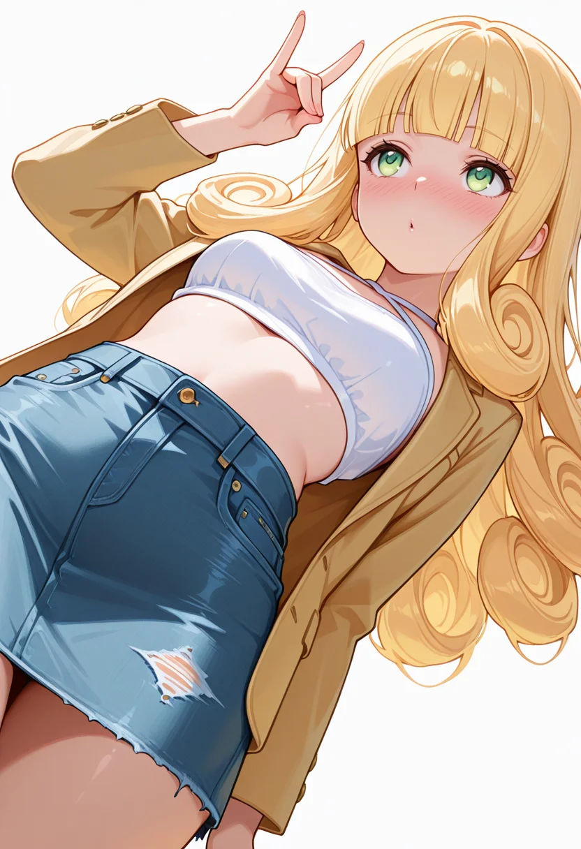 Smooth Quality,masterpiece,very intricate, high quality details, ultra realistic, high detailed skin,detailed enviorement,absurdres,
fox shadow puppet,
<lora:Poporon_CNR:0.8> poporon_cnr, 1girl, blonde hair, long hair,blunt bangs, green eyes, curly hair,, nose blush,, simple background, white background, from below,solo,, halter top, ,blazer, ,denim skirt, ,