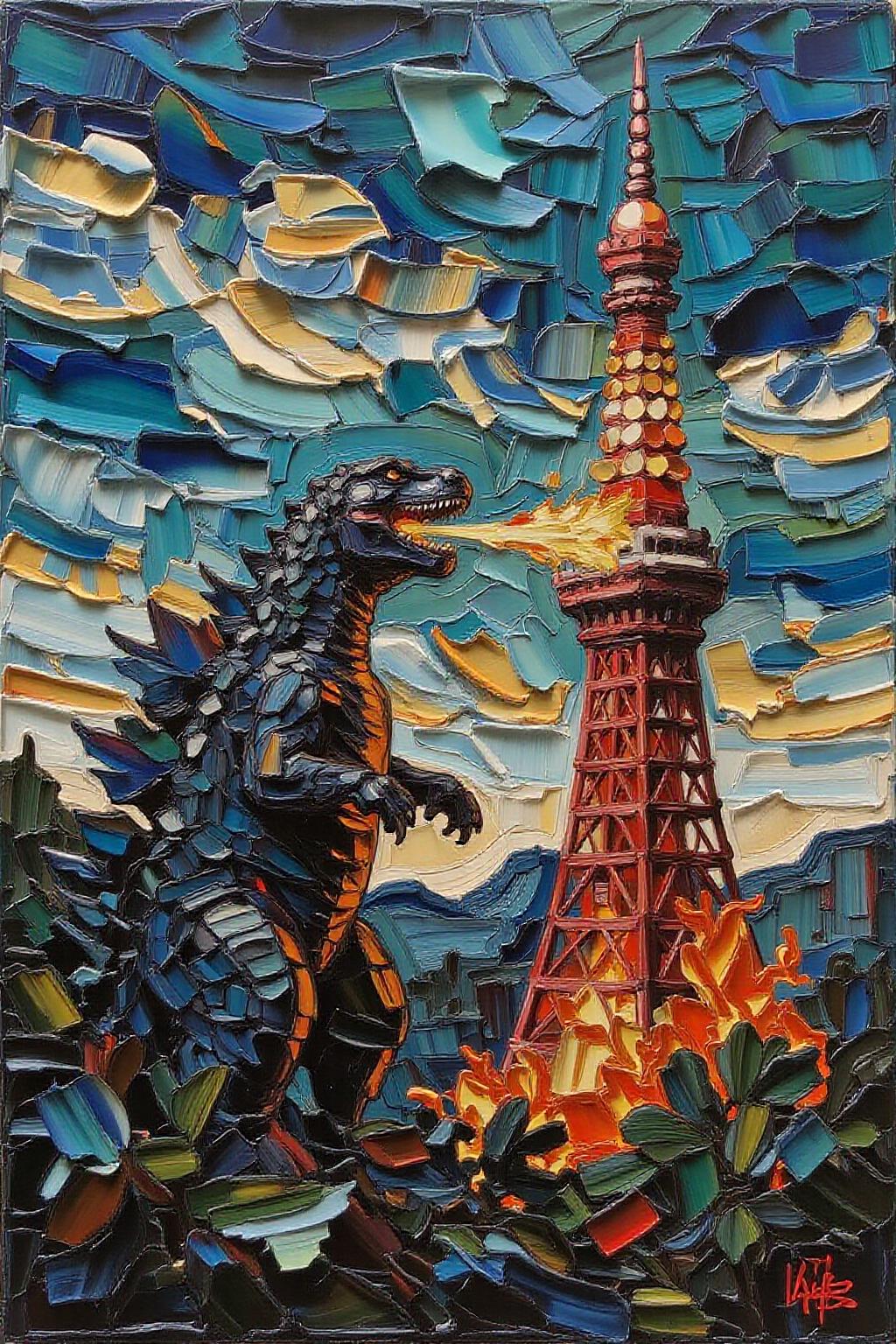 impasto oil painting. Godzilla breathing fire on Tokyo Tower <lora:impasto5_nocap_d6a3:1.0> <lora:Flux-Sch-SingleBlocks-BF16:1.0><lora:803879932334716819:0>