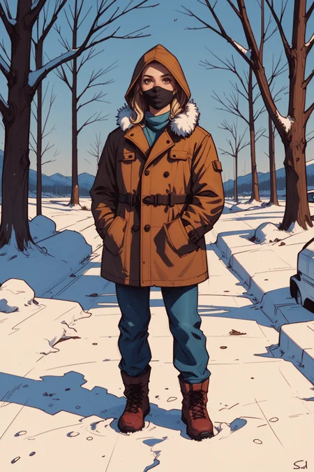 1girl, motor vehicle, car, mask, hood, snow, solo, mouth mask, jacket, tree, outdoors, looking at viewer, blonde hair, bare tree, winter, brown hair, brown eyes, coat, realistic, a_Comic_Illustration, rough lines with ink, (drawn:1.1), (sketch:1.5), (crosshatching:1.25), (comic style:1.1), graphic novel style, sharp lines, hires, zstyle, (western comics \(style\):1.1), (hatching \(texture\):1.2), zPDXL, Mr_Monster_Possitive, <lora:Expressive_H:0.5>, score_9, score_8_up, score_8_up,