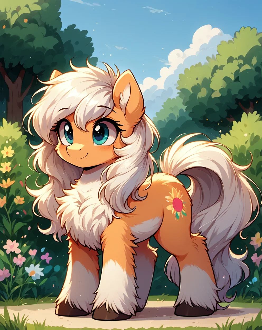 score 9, score 8 up, 1girl, masterpiece, <lora:MegaFluffyPonyV2:1> megafluffypony, furry, fluffy, full body, pony, feral, cute, beautiful, pretty,