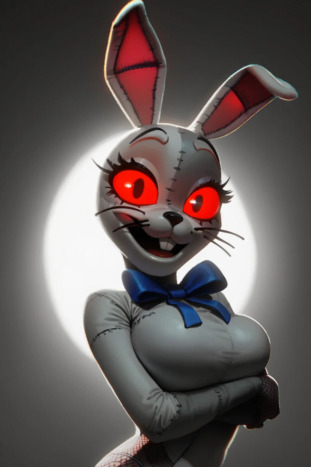 score_9, score_8_up, score_7_up, score_6_up, score_5_up, score_4_up, <lora:Vanny_Pony:1> vanny, patchwork costume, black pupils, red sclera, 1girl, dynamic pose, dynamic lighting, big breasts, sideview, arms under breasts, from side seen, dark backgroundcloseup