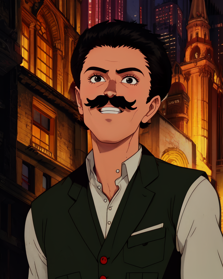 1boy,vest,black eyes,very short hair,mustache,
standing,black suit,smile,
night,
(insanely detailed, beautiful detailed face, masterpiece, best quality),solo,<lora:akiraMovie:1>,