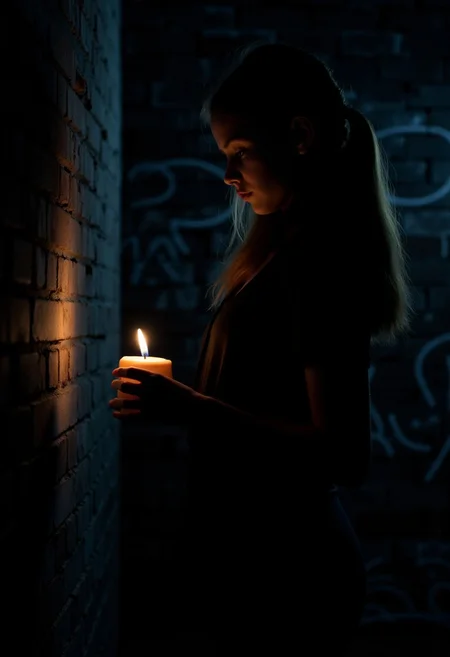 A girl holds a candle near a brick wall in a dark, graffiti-filled setting. The dim light creates a mysterious and somber nighttime atmosphere.