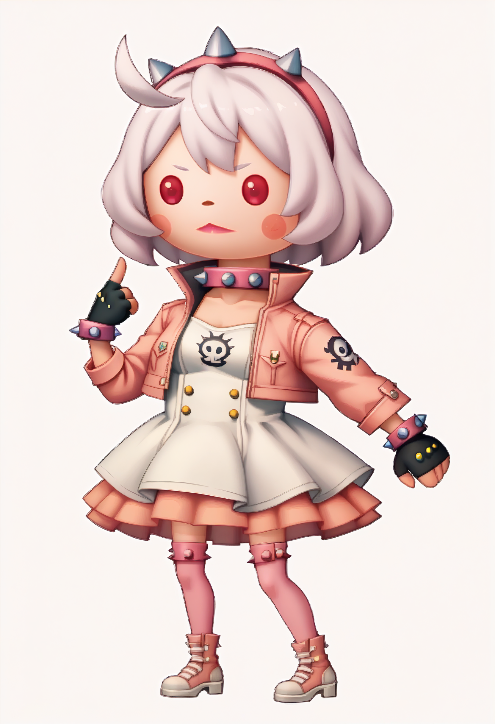 score_9, score_8_up, score_7_up BREAK theatrhythmstyle, solo, 1girl, chibi, white background, full body, striveelphelt, ahoge, hairband, jacket, dress, fingerless gloves, pink thighhighs, spiked collar, spiked bracelet <lora:zs_TheatrhythmStyleXL_1:1>  <lora:guiltygear_strive_elphelt_ponyXL:0.8>
