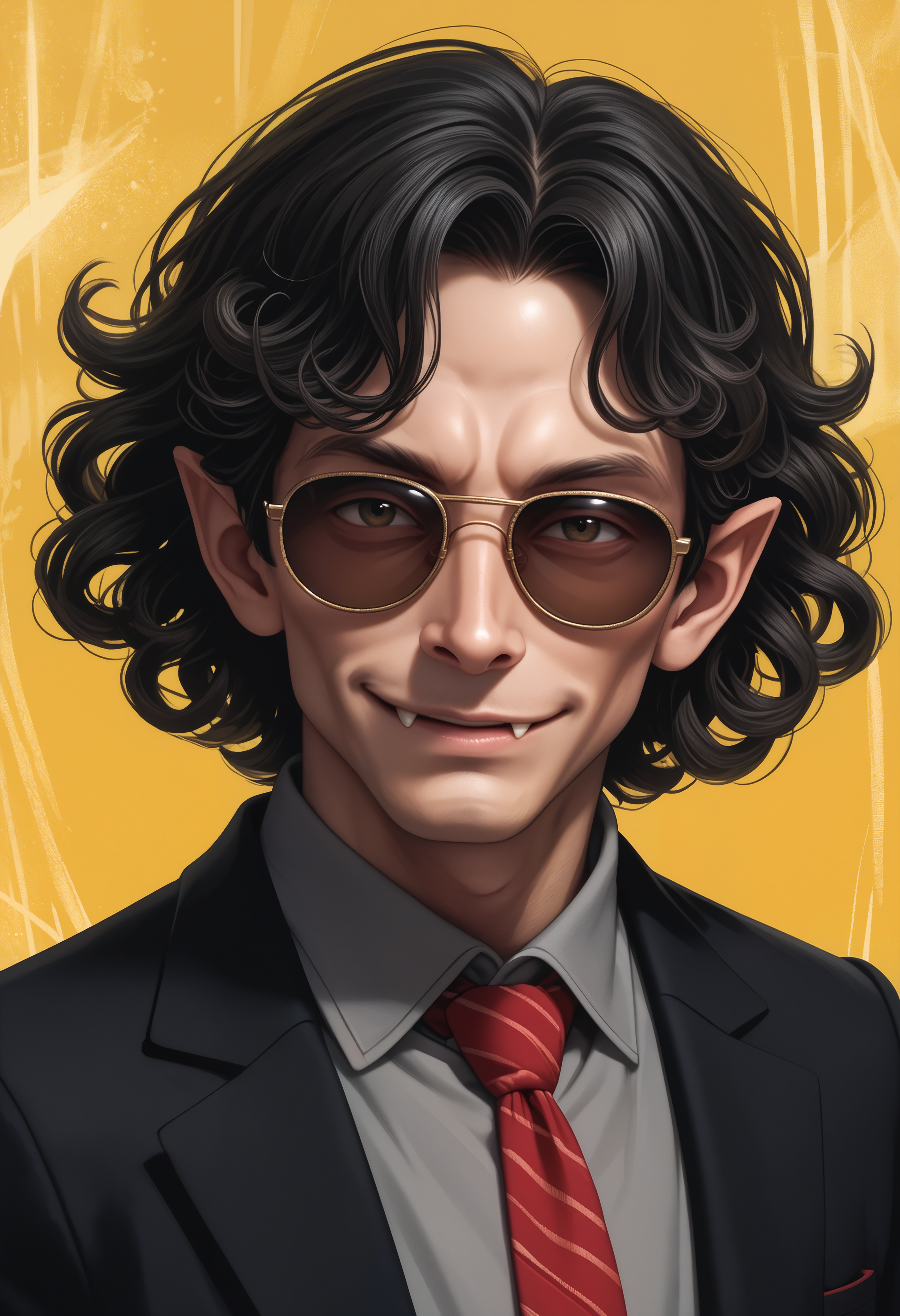 score_9, score_8_up, score_7_up BREAK solo, 1boy, strahd, pale skin, pointy ears, short hair, curly hair, sunglasses, goofy, goofy smile, fangs, head tilt, black suit, grey shirt, tie, portrait, yellow background, abstract background  <lora:clamStrahdPDXL_v20:1>