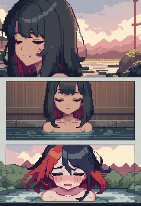 gorgeous lips, cinematic, (masterpiece), (best quality), (ultra-detailed), very aesthetic, illustration, perfect composition, intricate details, absurdres, detailed face, (anime, masterpiece, intricate:1.3), (best quality, hires textures, high detail:1.2), (4k),(incredibly detailed:1.4) 
(game pixel), (pixel art), (pixelart), (focus character), cartoon, (lofi style), pixel art, cutesycotton, (cyberpunk style)
1human girl, black hair, (red inner hair), medium hair, bob cut, fang, ((shy)), angry, closed mouth, closed eyes, embarrassed, onsen, steam, towel, after shower towel wrapped, wet