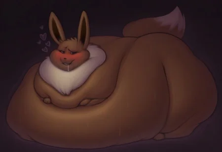 (chipchell, shiny, skindentation), masterpiece, best quality, dark lighting, solo, full body, no humans, eevee, feral, (morbidly obese), (love, hearts, horny, in heat, blushing, sweating, saliva, drooling, quivering, motion lines)