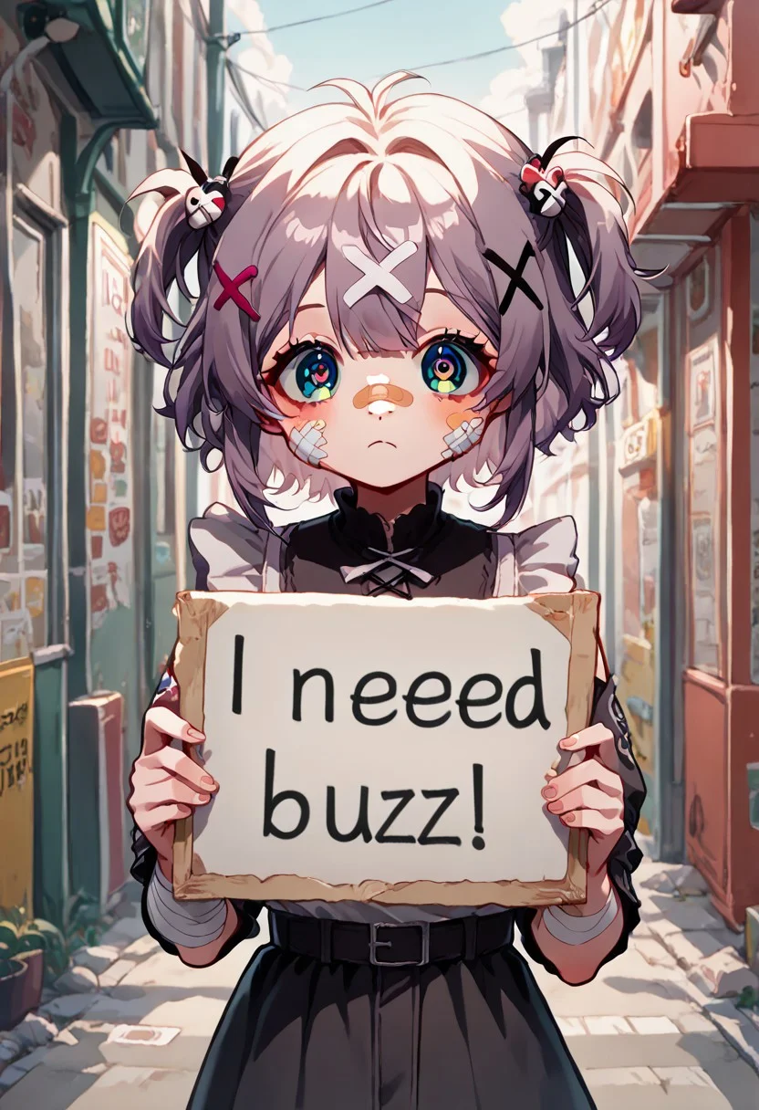 score_10, score_9, source_anime, yamikawaii, solo, bandaid, bandages, x hair ornament, 1girl,need_buzz, holding sign, (frills:0.8), pleading eyes, cute