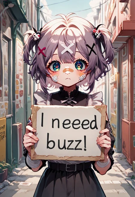 score_10, score_9, source_anime, yamikawaii, solo, bandaid, bandages, x hair ornament, 1girl,need_buzz, holding sign, (frills:0.8), pleading eyes, cute