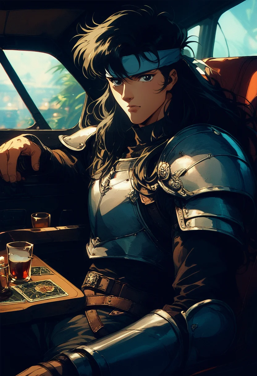 (score_9, score_8_up), score_7_up, long hair, looking at viewer, black hair, 1boy, holding, sitting, male focus, belt, armor, black eyes, cup, headband, card, glass, cockpit, retro
<lora:nostalgia-000011:0.9>
