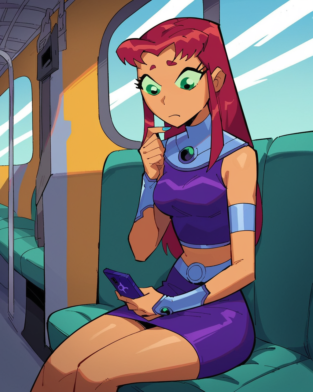 score_9, score_8_up, score_7_up, 1girl, solo, starfire, tan skin, parody, exposed midriff, skirt, sitting, bored, looking at phone, dynamic view, dynamic angle, inside train, <lora:Starfire_PonyXL:0.8>