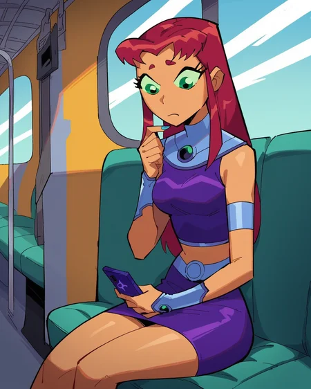 score_9, score_8_up, score_7_up, 1girl, solo, starfire, tan skin, parody, exposed midriff, skirt, sitting, bored, looking at phone, dynamic view, dynamic angle, inside train, <lora:Starfire_PonyXL:0.8>