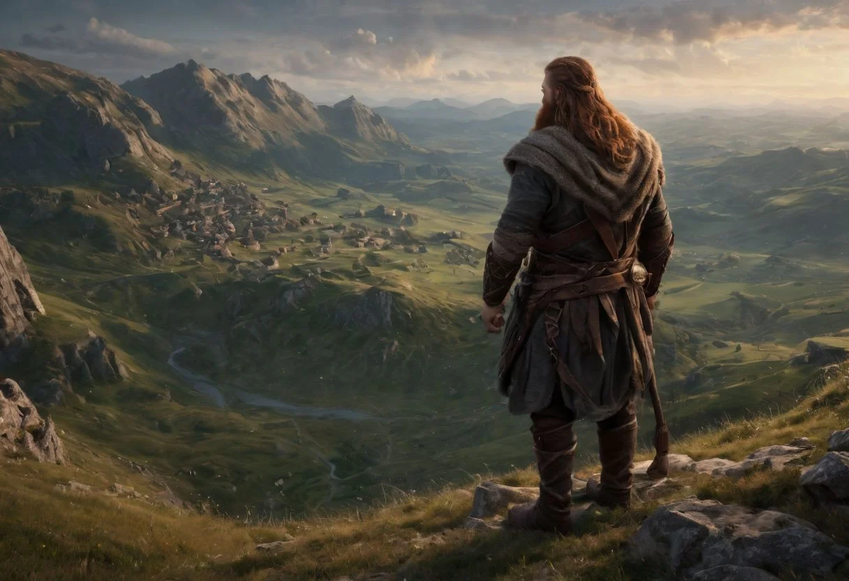 burly dnd dwarf with bushy auburn hair and beard, back to view, standing on a hill overlooking a wide valley dotted with scattered distant bonfires at twilight