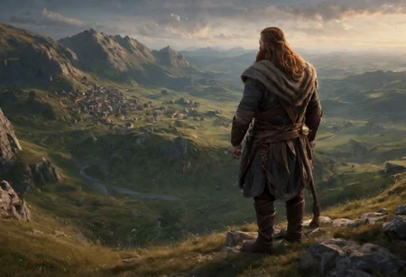 burly dnd dwarf with bushy auburn hair and beard, back to view, standing on a hill overlooking a wide valley dotted with scattered distant bonfires at twilight