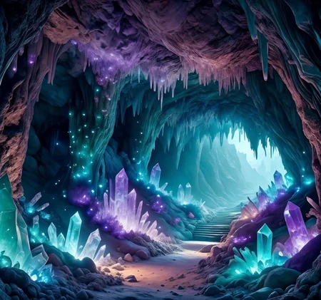 RAW photo, (masterpiece:1.3), subsurface scattering, heavy shadow, (high quality:1.4), (intricate, high detail:1.2), professional photography, HDR, High Dynamic Range, realistic, ultra realistic, photorealistic, high resolution, film photography, ambient lighting, atmospheric effects, <lora:detail_slider_v4:2>, OverallDetail, <lora:CrystalCaves:1> , green theme, branch, bridge, cave, cloudy sky, cryca, crystal, dark, fantasy, forest, gem, glowing, landscape, light particles, light rays, mountain, nature, no humans, outdoors, purple theme, reflective water, rock, scenery, stairs, sunlight, tree, underwater, very wide shot