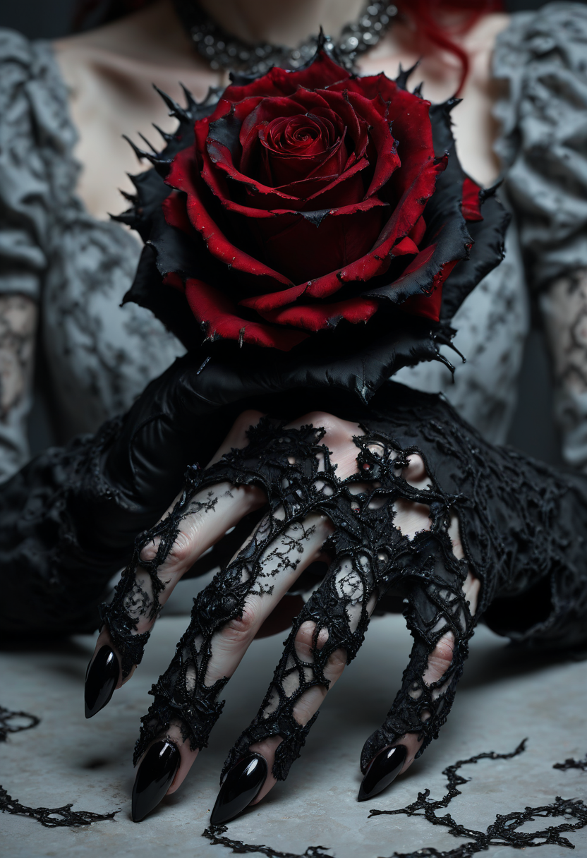 UnderlandRedQueenDaal, masterpiece, best quality,    Close-up of her hand holding a black rose, fingers tipped with claw-like crimson nails, lace glove torn. Veins faintly visible beneath her porcelain skin. Simple light gray backdrop. Soft lighting mimics a jewelry ad but with unsettling grace. Feels like a frame from a gothic arthouse film.