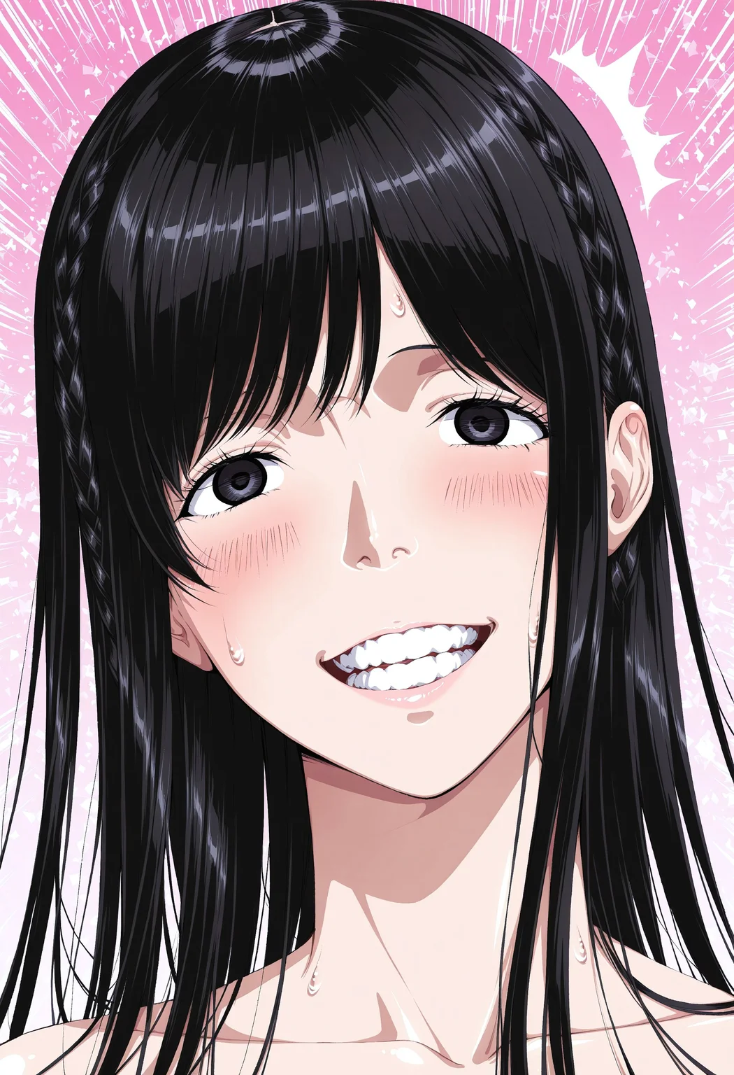 ultra-detailed,detailed face, score_9, score_8_up, score_7_up, source_anime,(extremely detailed CG), (best quality),
1girl, solo, black hair, long hair, braid, smile, pink background, portrait, open mouth, bangs, black eyes, looking at viewer, blush, shiny hair, shiny, mai,nude,
blush, sweat, teeth, smile, clenched teeth, looking at viewer, ^^^, lips, ahegao