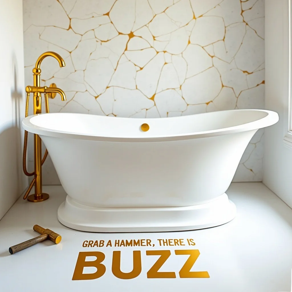 golden cracks on white, bathhub in luxury bathroom, hammer on floor next to bathhub.
Text below scene in golden half liquid Letters says "Grab a Hammer, there is BUZZ"