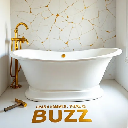 golden cracks on white, bathhub in luxury bathroom, hammer on floor next to bathhub.
Text below scene in golden half liquid Letters says "Grab a Hammer, there is BUZZ"