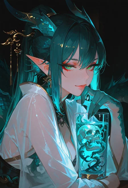 masterpiece, best quality, hyper-realistic, ultra-HD, luminous lighting, cinematic ambiance, shimmering gradients, ethereal glow, deep contrast, rich color tones, seductive atmosphere, captivating sensuality, Cinematic Lighting, 
BREAK 
raytracing, volumetric lighting, ambient occlusion, Background, girl, 
BREAK
ryu, teal scales, eastern dragon horns, pointy ears, green eyes, long eyelashes, makeup, solo,
glass, see-through, skulls, portraits,