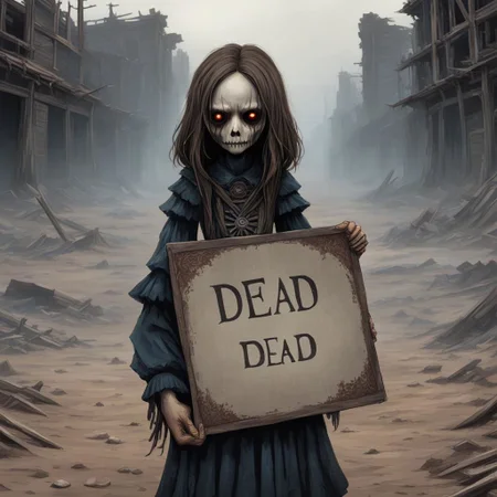 (((Ultra detailed, Megapixel)))
1girl, (((holding out a sign with a text "DEAD"))), by dan mumford and trevor Brown, hands, terror, gloomy, dark, blank face, no face, wasteland background, no mouth, no eyes, long hair