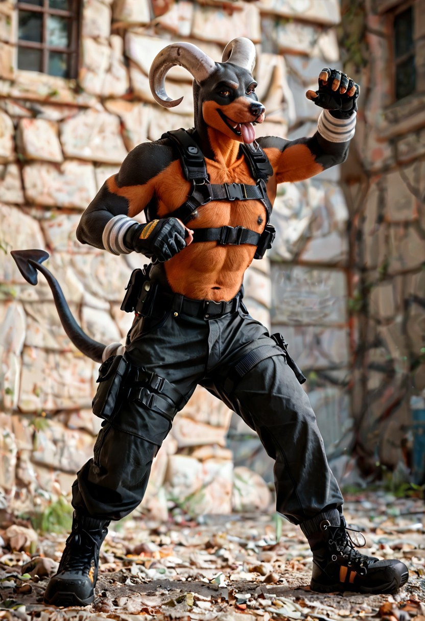 score_9, score_8_up, score_7_up, score_6_up, score_5_up, score_4_up, (furry, score_furry, scource_real:1.5), BREAK, (male: houndoom, anthro, male:1.2), ( curved horn, horns, black fur ,brown countershading, countershade fur, spade tail :1.3), (anthro houndoom, tactical harness, tactical googles, tactical gloves, tactical boots, Bad boy pose, tongue out, evil smile :1.6) (outdoors:1.1),