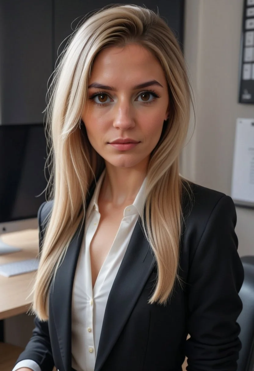 1girl, Hungarian girl, olz_olivia1, blonde hair, long hair, brown eyes, perfecteyes, long lashes, 25 yo, upper body portrait, Instagram_Influencer_02_By_Stable_Yogi (Wearing a chic black blazer:1.3) (working with a focused expression in a high-tech office:1.3) (hairstyle: medium-length, straight hair parted to the left:1.3) Faceshot_By_stable_yogi-v2
