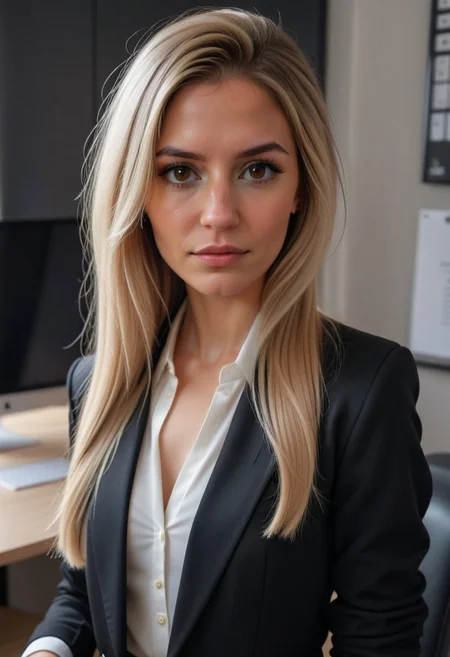 1girl, Hungarian girl, olz_olivia1, blonde hair, long hair, brown eyes, perfecteyes, long lashes, 25 yo, upper body portrait, Instagram_Influencer_02_By_Stable_Yogi (Wearing a chic black blazer:1.3) (working with a focused expression in a high-tech office:1.3) (hairstyle: medium-length, straight hair parted to the left:1.3) Faceshot_By_stable_yogi-v2