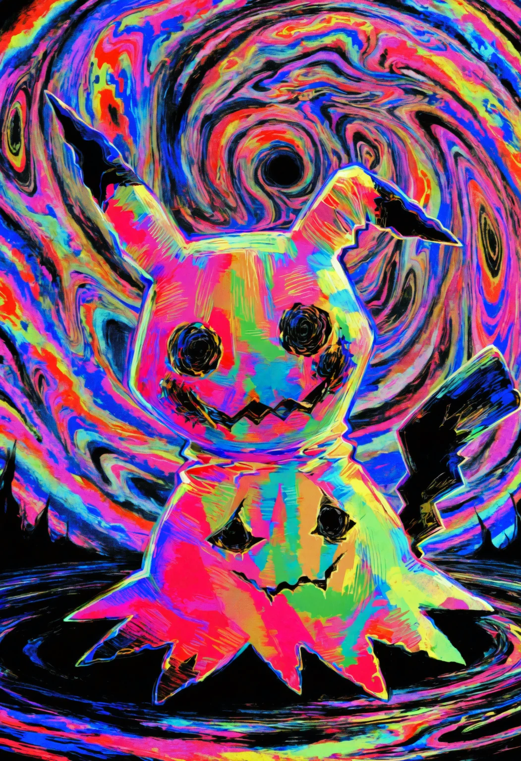 <lora:Style_OtonohaAika:1>, colorful, abstract background, hatching \(texture\),psychedelic, horror \(theme\), mimikyu, shadow, masterpiece, best quality