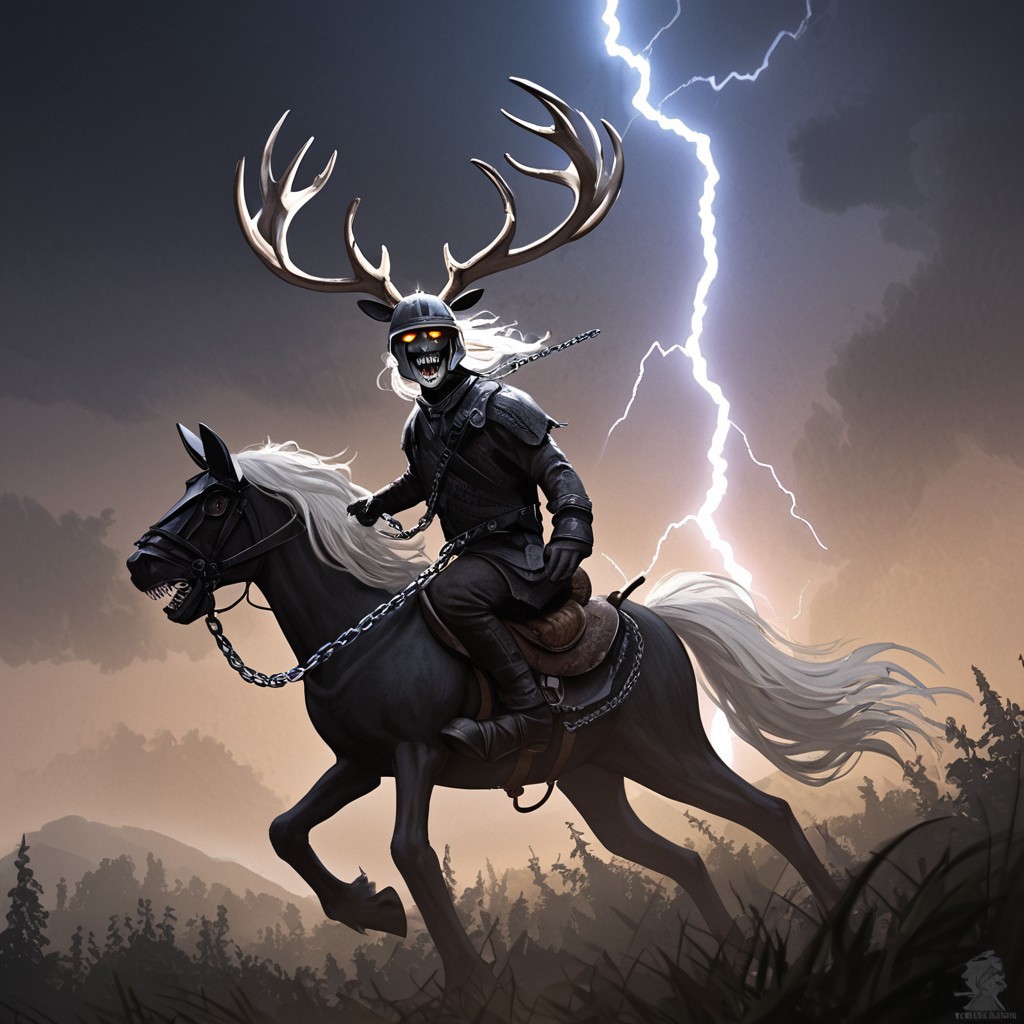 glowing, chain, male focus, horseback riding, planted, sharp teeth, colored skin, helmet, wide shot, looking at viewer, lightning, teeth, antlers, holding weapon, monster, white hair