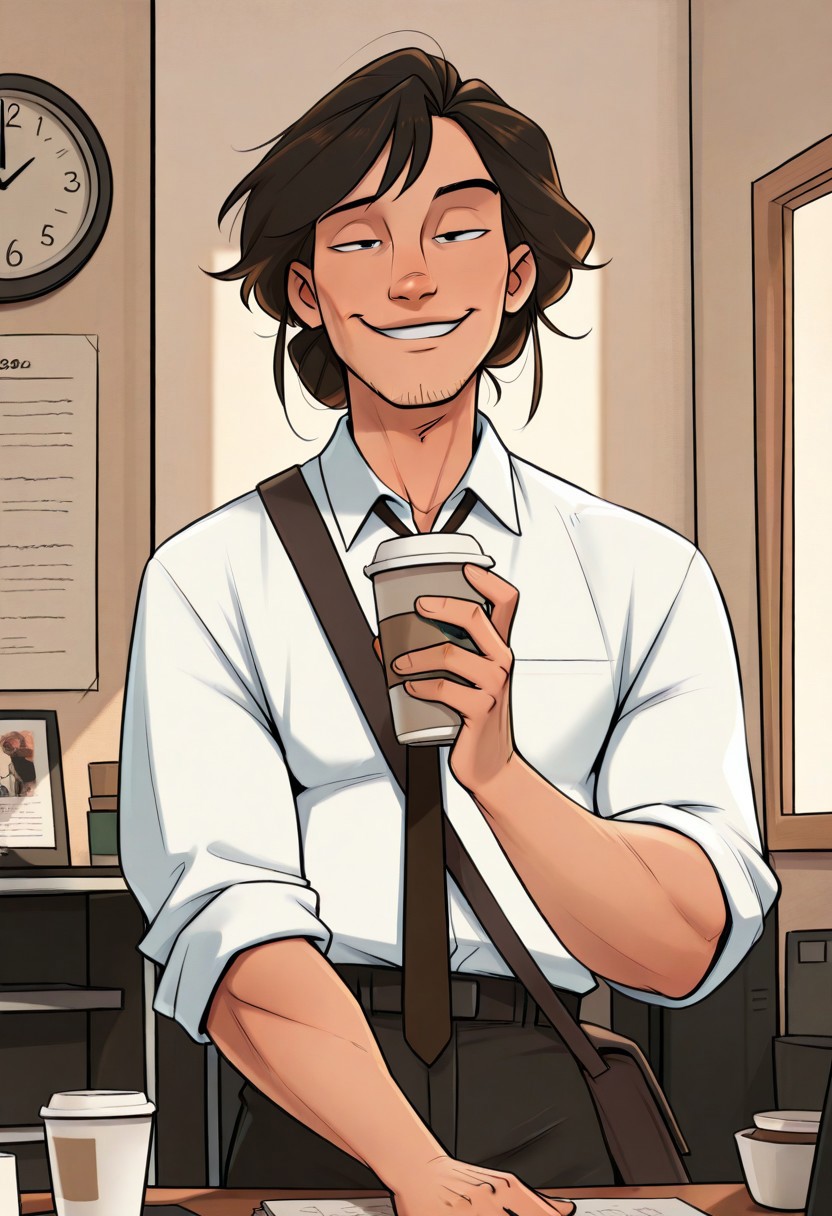 masterpiece, best quality, amazing quality, very aesthetic, J0t4m0z,
((1boy:1.0)), rugged, manly, tall male, lean build, caucasian, early 30s, chestnut hair, tousled hair, hazel eyes, five o'clock shadow, unshaved, stubble, smirk, square jaw, smiling expression, relaxed posture, male office worker, messy shirt, untucked shirt, rolled-up sleeves, loosened tie, five o'clock shadow, coffee cup, slouched posture, messenger bag, handsome male, procrastinator, casual business attire, lazy but charming, office setting