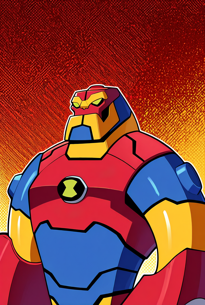 <lora:bloxx-10:1> bloxx, robot, mecha, solo, armor, green eyes,, massive arms, upper body, big chin, , red shoulders, teeth, red blue yellow background,, masterpiece, best quality, amazing quality, very aesthetic, absurdres, newest,, upper body, halftone effect, white borders, abstract background:1.2,
