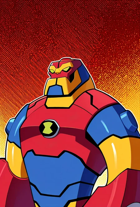 <lora:bloxx-10:1> bloxx, robot, mecha, solo, armor, green eyes,, massive arms, upper body, big chin, , red shoulders, teeth, red blue yellow background,, masterpiece, best quality, amazing quality, very aesthetic, absurdres, newest,, upper body, halftone effect, white borders, abstract background:1.2,