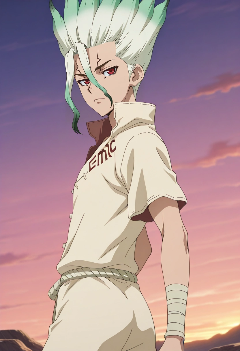 masterpiece, best quality, intricate details, anime screencap, anime coloring, official style, , 1boy, solo, male focus, <lora:senkuu_ishigami_ilxl:0.94>, senkuu_ishigami, green hair, red eyes, multicolored hair, two-tone hair, white hair, facial mark, cowboy shot, spaceship, dawn, twisted torso, expressionless,