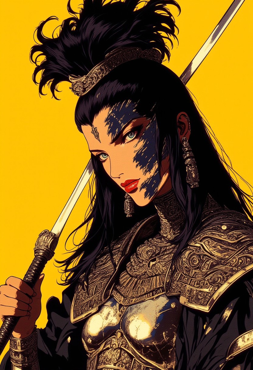 A high-resolution, hyper-realistic photograph of a fierce woman with fair skin and long, black hair styled in an elaborate, messy updo, with loose strands framing her face. Her bold red eyeshadow extends sharply past her eyes, complementing her deep red lips, creating an intense and commanding presence. She wears a black and white kimono adorned with intricate Aztec patterns, its fabric partially torn and shredded, revealing glimpses of her toned physique and a heavy chain necklace resting against her collarbone. Over the kimono, she wears a sculpted chrome silver breastplate, engraved with intricate patterns and shimmering with light-catching reflections, adding a futuristic, battle-worn elegance. In her hand, she wields a katana with a golden handle, its blade gleaming under the light, held in a poised yet aggressive stance. The vivid yellow background contrasts sharply with her dark attire, intensifying the dramatic effect of the scene. The composition captures a raw blend of strength and vulnerability, merging traditional cultural elements with modern, avant-garde aesthetics in a striking, cinematic fashion.