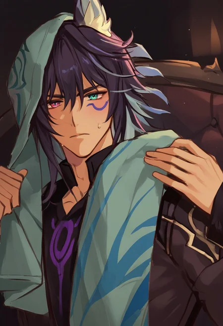 1boy, solo, male focus, animal ears, animal ear fluff, fox ears, ororon_(genshin_impact), black hair, spiky hair, messy hair, purple tint hair, green highlight, multicolored hair, wolf cut hair, hair between eyes, bangs, tan skin, Heterochromia, one green eye, one purple eye, facial marks, facial tattoo, fox boy, slim face, detailed eyes, satisfaction, satisfied, neutral, detailed face, slim face,
dark theme, intense shadow, intimidating, chest close to viewer, dark light, no light, dark out, shadow,
casual clothes, sweaty hair, long sleeves, looking at viewer, from side view,
sweating, sweat, steaming, heavy breathing, front view, seductive, romantic, in a sofa, towel on shoulder, (lounging:1.1), relax
rating PG, score_9,score_8_up,score_7_up, source_anime, male focus, manly, tall, detailed eyebrow, sharp eyebrows, focus on thigh, thigh focus, random view