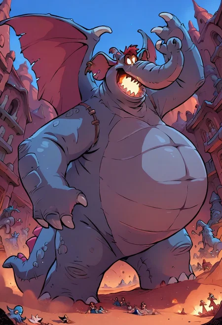 (score_9 | score_8_up | score_7_up) ((masterpiece:1))(best quality,very high quality,ultra detailed:1.2) (2D,cartoon style,anime style)(Smooth:2)(clean blurring) (four fingers on each hand,one thumb on each hand:1),
Abu elephant, elephant, solo, brown hair, grey skin, black eyes, trunk, trunk nose, elephant trunk, elephant ears, wearing a blue dragon costume, Dragon costume, giant, monster, final form, sharp teeth, claws, spikes, horn, wings, tail, glowing, glowing eyes, full body
