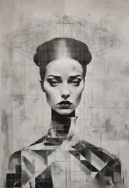 pop surrealism, rough crosshatch drawing pop art Lunatic_Portrait of a girl in latex, slick back, low bun, black makeup, avant-garde, abstract, weird, geometric, constructivism, suprematism, rayonism, verticism, tj
