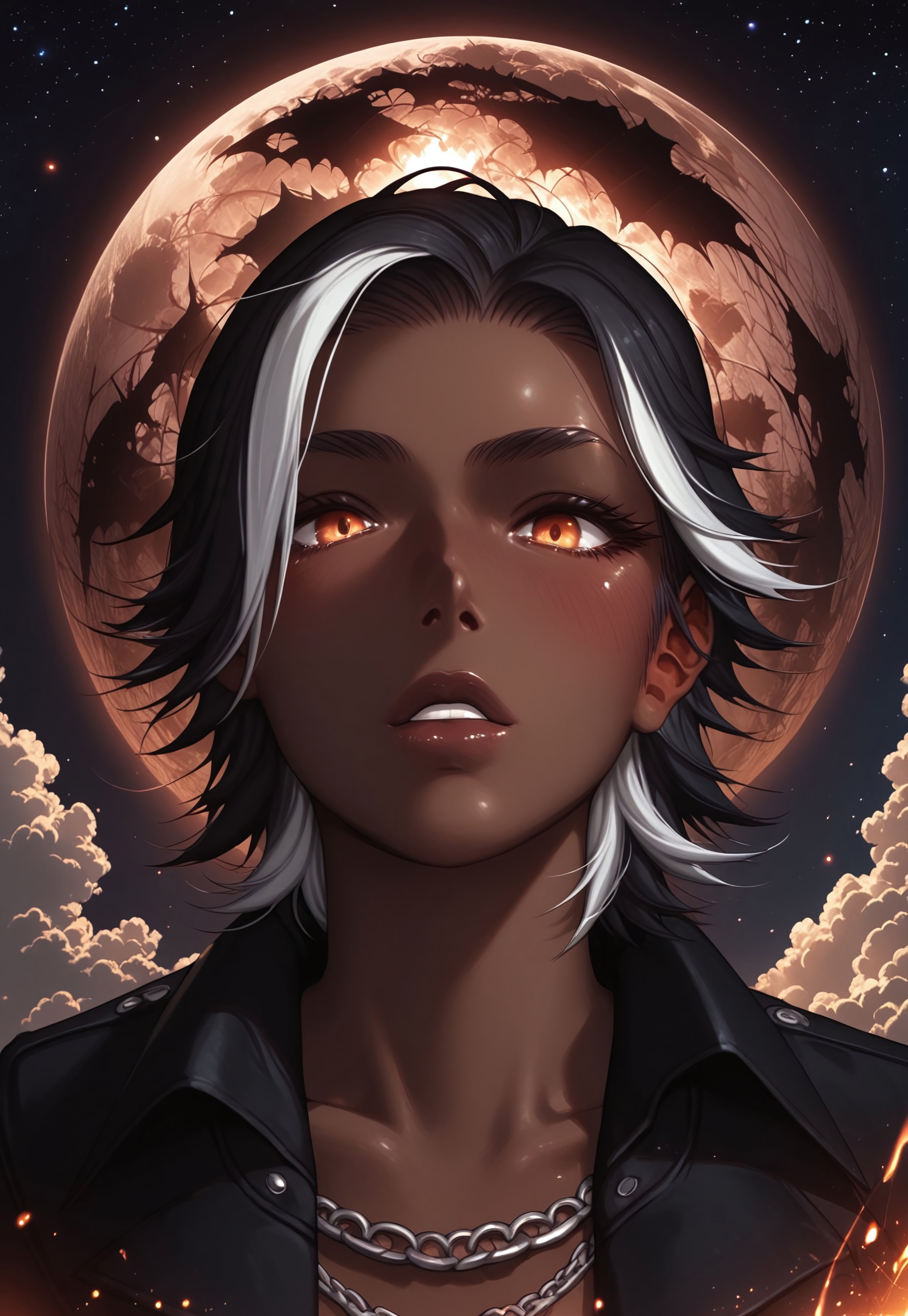 safe_pos, score_9,score_8_up,score_7_up,score_6_up, 1boy, ((BREAK)), sexy man, Khitli Viera, ((dark skinned man)), toned muscles, tall, ((no human ears)), ((short black hair with white highlights)), ((black and white goatee)), rugged features, ((black jacket with no shirt showing muscles)), ripped blue jeans, boots, ((large expressive golden eyes)), face to the right of viewer, gesturing pose with arm stretched out, high res image, masterpiece, dynamic shot, <lora:Expressive_H:0.65> <lora:incase-ilff-v3-4:0.5> <lora:g0th1cPXL:0.45>  <lora:Branwen_QBR:0.7>, high gradient eyes, eyesHD, dynamic pose, dynamic, detailed eyes, high definition eyes, amazing quality, wallpaper, wide angle, castle, exterior, nighttime, moon, moonlight, stars, gargoyle. bats, dead trees, creepy