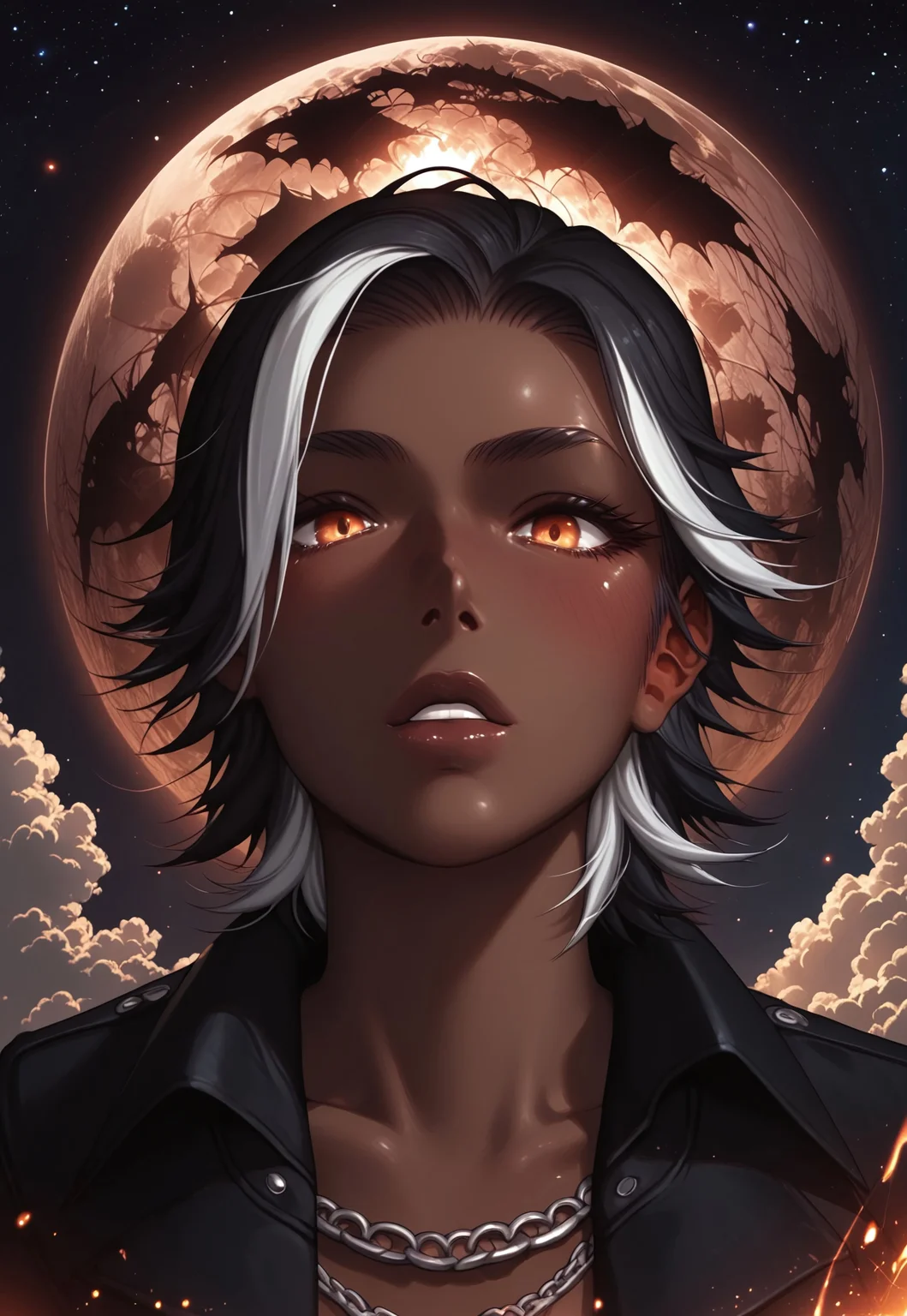 safe_pos, score_9,score_8_up,score_7_up,score_6_up, 1boy, ((BREAK)), sexy man, Khitli Viera, ((dark skinned man)), toned muscles, tall, ((no human ears)), ((short black hair with white highlights)), ((black and white goatee)), rugged features, ((black jacket with no shirt showing muscles)), ripped blue jeans, boots, ((large expressive golden eyes)), face to the right of viewer, gesturing pose with arm stretched out, high res image, masterpiece, dynamic shot, <lora:Expressive_H:0.65> <lora:incase-ilff-v3-4:0.5> <lora:g0th1cPXL:0.45> <lora:Branwen_QBR:0.7>, high gradient eyes, eyesHD, dynamic pose, dynamic, detailed eyes, high definition eyes, amazing quality, wallpaper, wide angle, castle, exterior, nighttime, moon, moonlight, stars, gargoyle. bats, dead trees, creepy