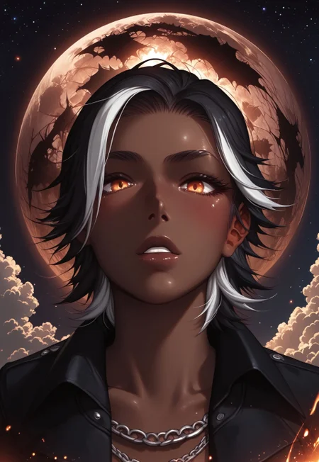 safe_pos, score_9,score_8_up,score_7_up,score_6_up, 1boy, ((BREAK)), sexy man, Khitli Viera, ((dark skinned man)), toned muscles, tall, ((no human ears)), ((short black hair with white highlights)), ((black and white goatee)), rugged features, ((black jacket with no shirt showing muscles)), ripped blue jeans, boots, ((large expressive golden eyes)), face to the right of viewer, gesturing pose with arm stretched out, high res image, masterpiece, dynamic shot, <lora:Expressive_H:0.65> <lora:incase-ilff-v3-4:0.5> <lora:g0th1cPXL:0.45> <lora:Branwen_QBR:0.7>, high gradient eyes, eyesHD, dynamic pose, dynamic, detailed eyes, high definition eyes, amazing quality, wallpaper, wide angle, castle, exterior, nighttime, moon, moonlight, stars, gargoyle. bats, dead trees, creepy