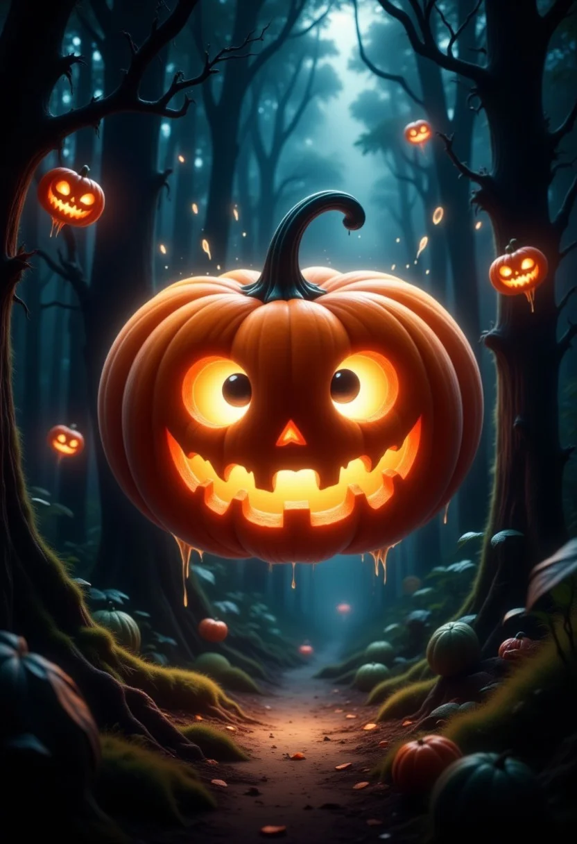 cute chibi pumpkin with huge eyes flyling through a dark forrest