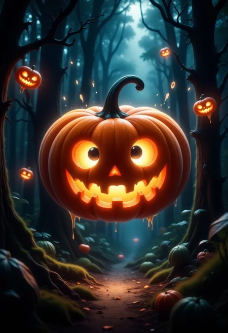 cute chibi pumpkin with huge eyes flyling through a dark forrest