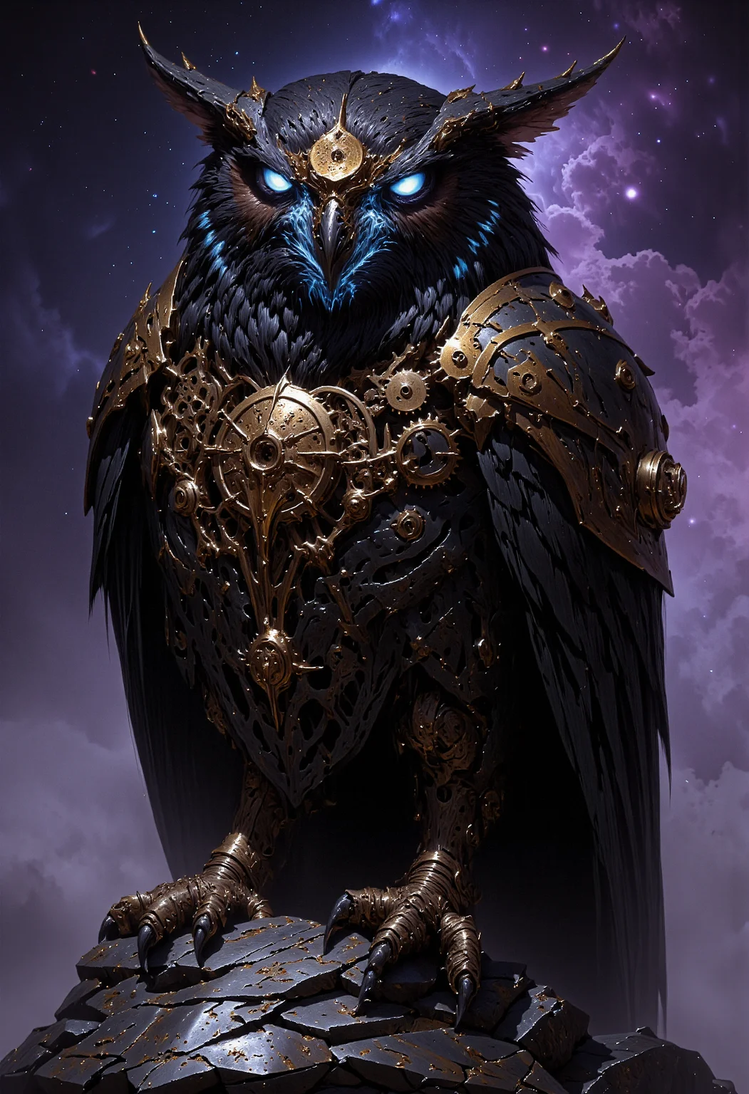 A sleek, metallic owl with gears visible under its translucent, black feathers. Its eyes are glowing with a sharp, neon blue light, and a golden mechanical crescent moon is embedded on its forehead. The owlâs wings are slightly extended, revealing intricate clockwork mechanisms underneath. The background is a starry sky with a soft violet nebula, and the owlâs reflection is visible on a polished metallic surface below it. The style is a blend of steampunk and futuristic design, with an emphasis on detailed mechanical components.     <lora:FluxMythP0rtr4itStyle:0.53> MythP0rt, <lora:dark_fantasy_flux:0.83> <lora:FredFraiStyle-FLUX-Share:0.63> <lora:sxz-Dark-Fantasy-v2-Flux:0.33> drkfnts style, <lora:flux.1_lora_flyway_Epic-Characters_v1:0.43>