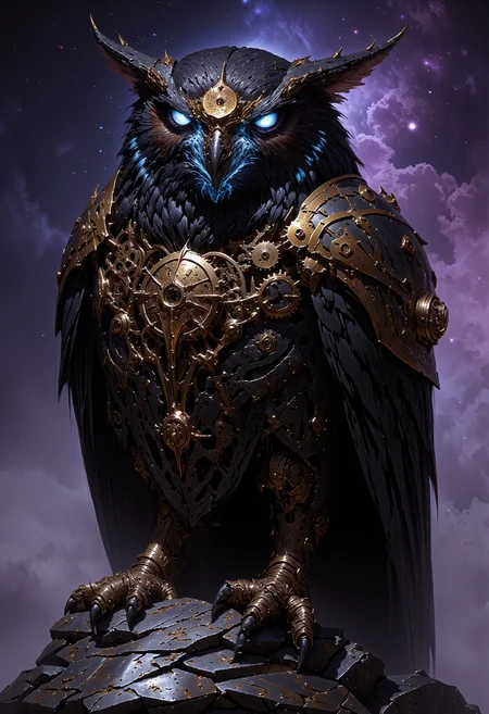 A sleek, metallic owl with gears visible under its translucent, black feathers. Its eyes are glowing with a sharp, neon blue light, and a golden mechanical crescent moon is embedded on its forehead. The owlâs wings are slightly extended, revealing intricate clockwork mechanisms underneath. The background is a starry sky with a soft violet nebula, and the owlâs reflection is visible on a polished metallic surface below it. The style is a blend of steampunk and futuristic design, with an emphasis on detailed mechanical components. <lora:FluxMythP0rtr4itStyle:0.53> MythP0rt, <lora:dark_fantasy_flux:0.83> <lora:FredFraiStyle-FLUX-Share:0.63> <lora:sxz-Dark-Fantasy-v2-Flux:0.33> drkfnts style, <lora:flux.1_lora_flyway_Epic-Characters_v1:0.43>
